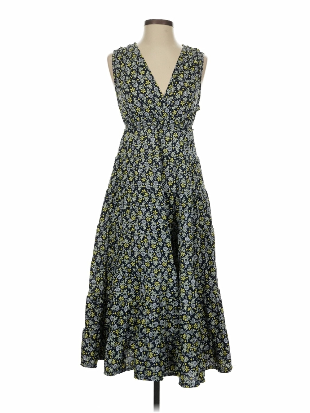 Max Studio Dark Blue Floral V-Neck Tiered Maxi Dress